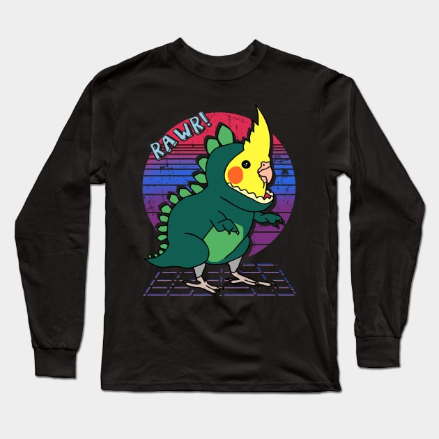 Aesthetic Vaporwave Cockatiel Dinosaur Doodle Long Sleeve T-Shirt by FandomizedRose